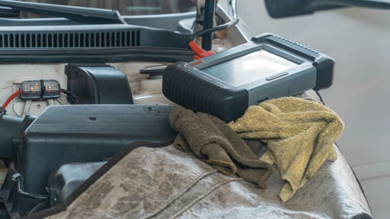Expert utilisant une valise de diagnostic sur une voiture d'occasion